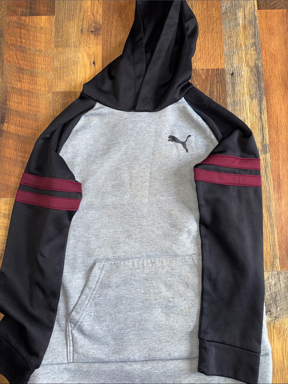 Puma Gray Hooded Sweatshirt with Black Sleeves and Burgundy Stripes